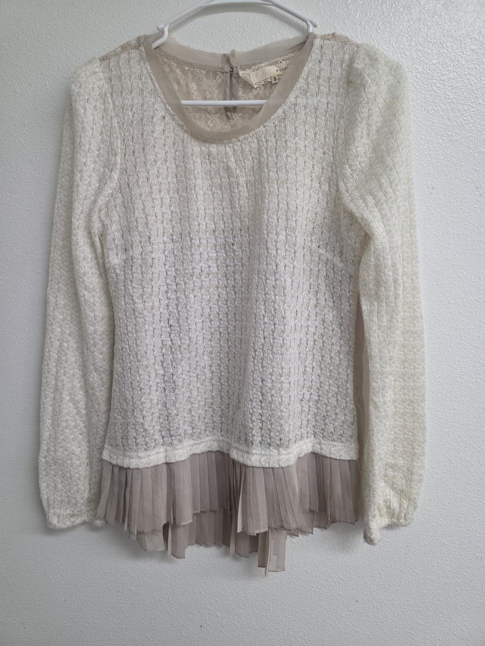 A'Reve Cream Crochet Knit Top with Taupe Pleated Hem (0734)